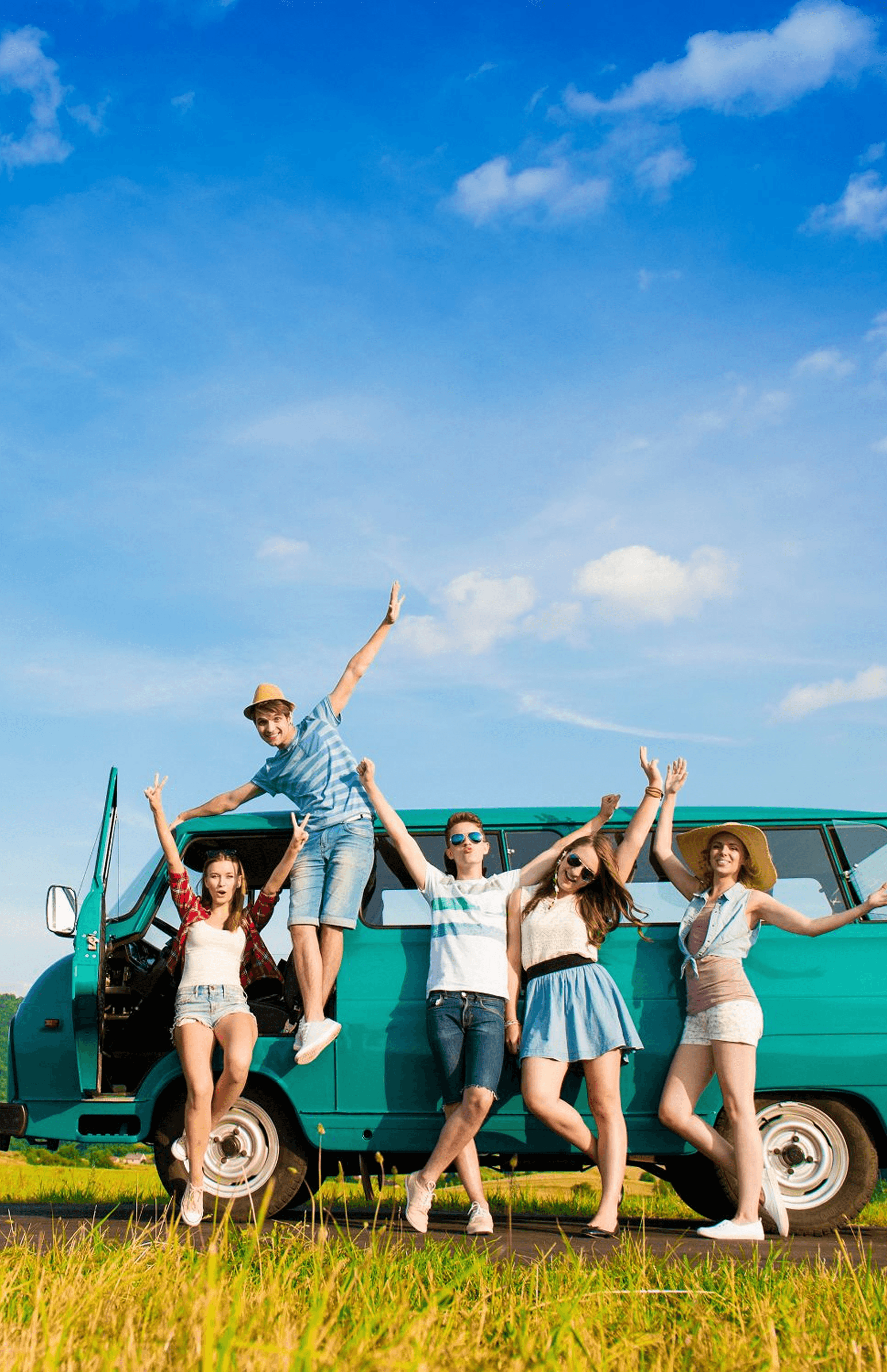 Group of friends celebrating around a vintage van