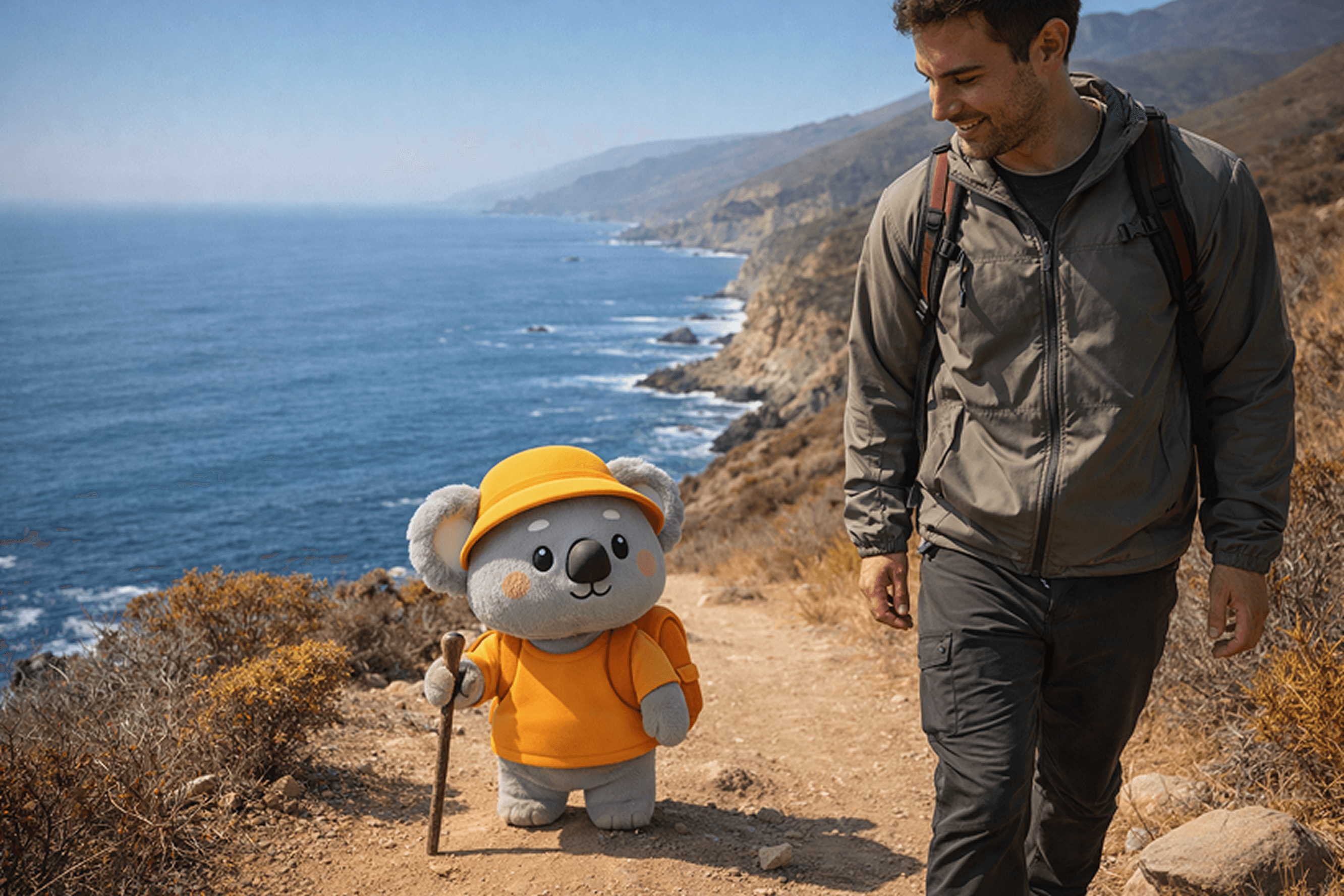 Person hiking with Koli character