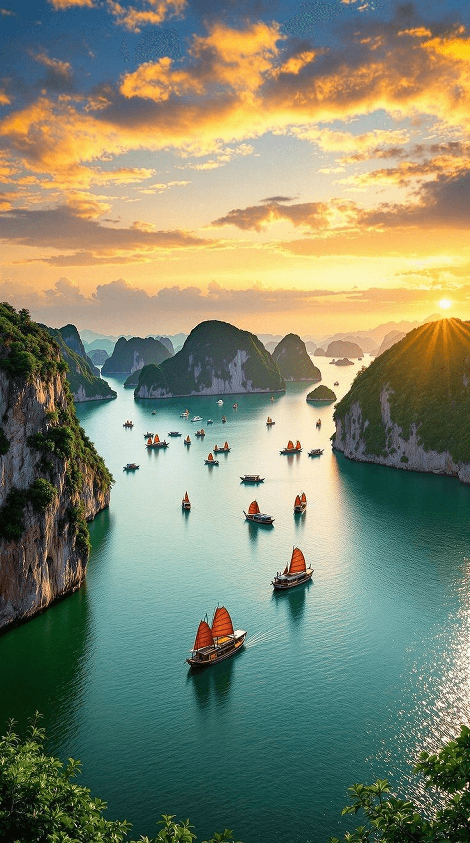 Beautiful bay with boats and limestone karsts