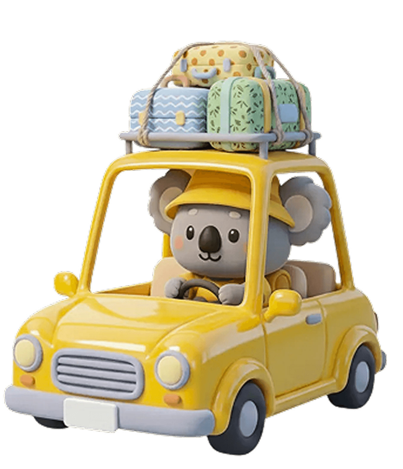 Koli driving a yellow car with luggage