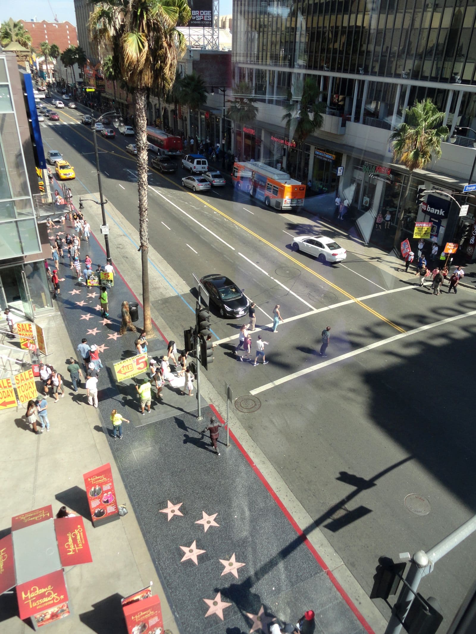Hollywood Boulevard and the Walk of Fame stars seen from above
