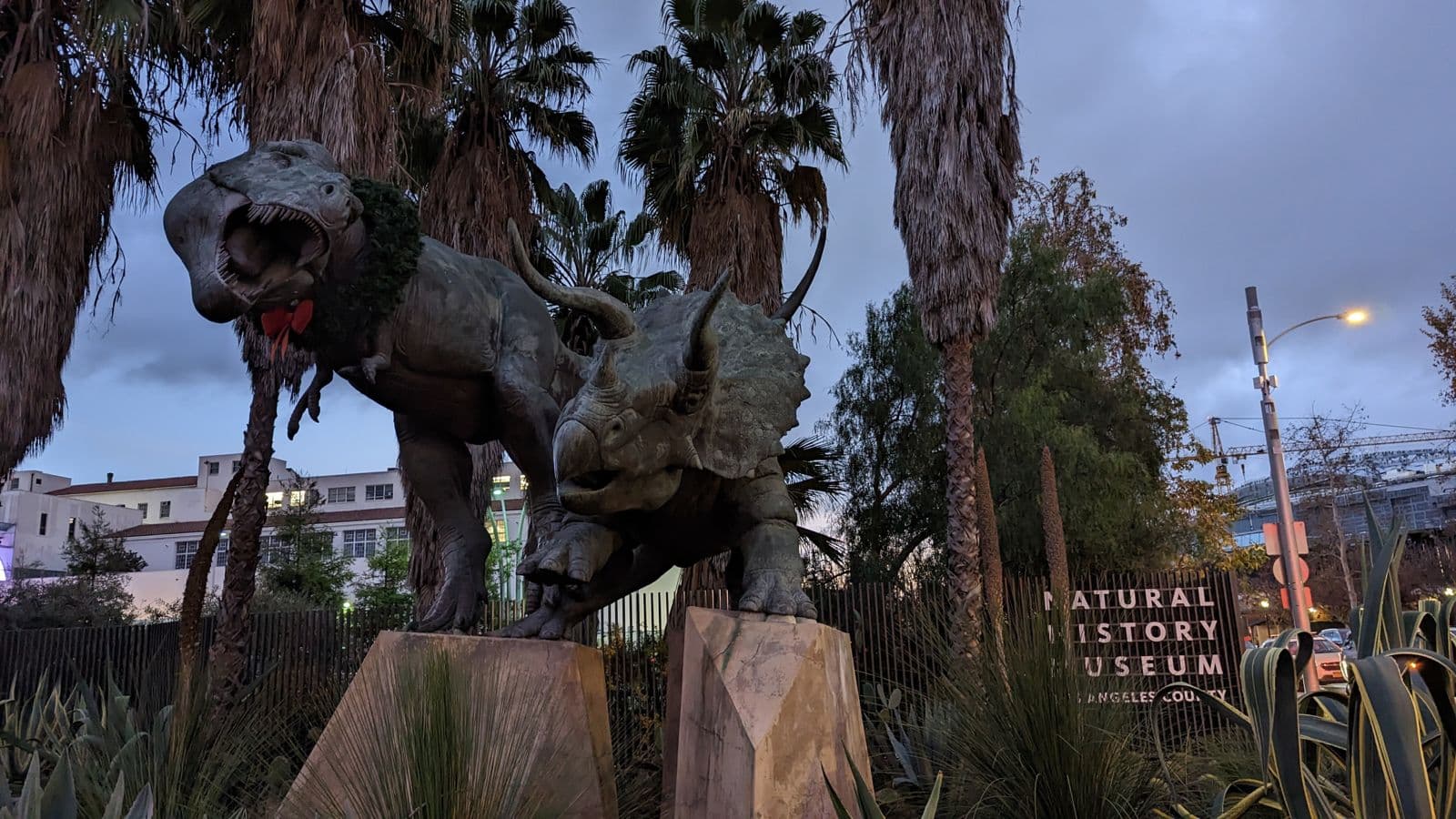 Dinosaur statues outside the Natural History Museum of Los Angeles County