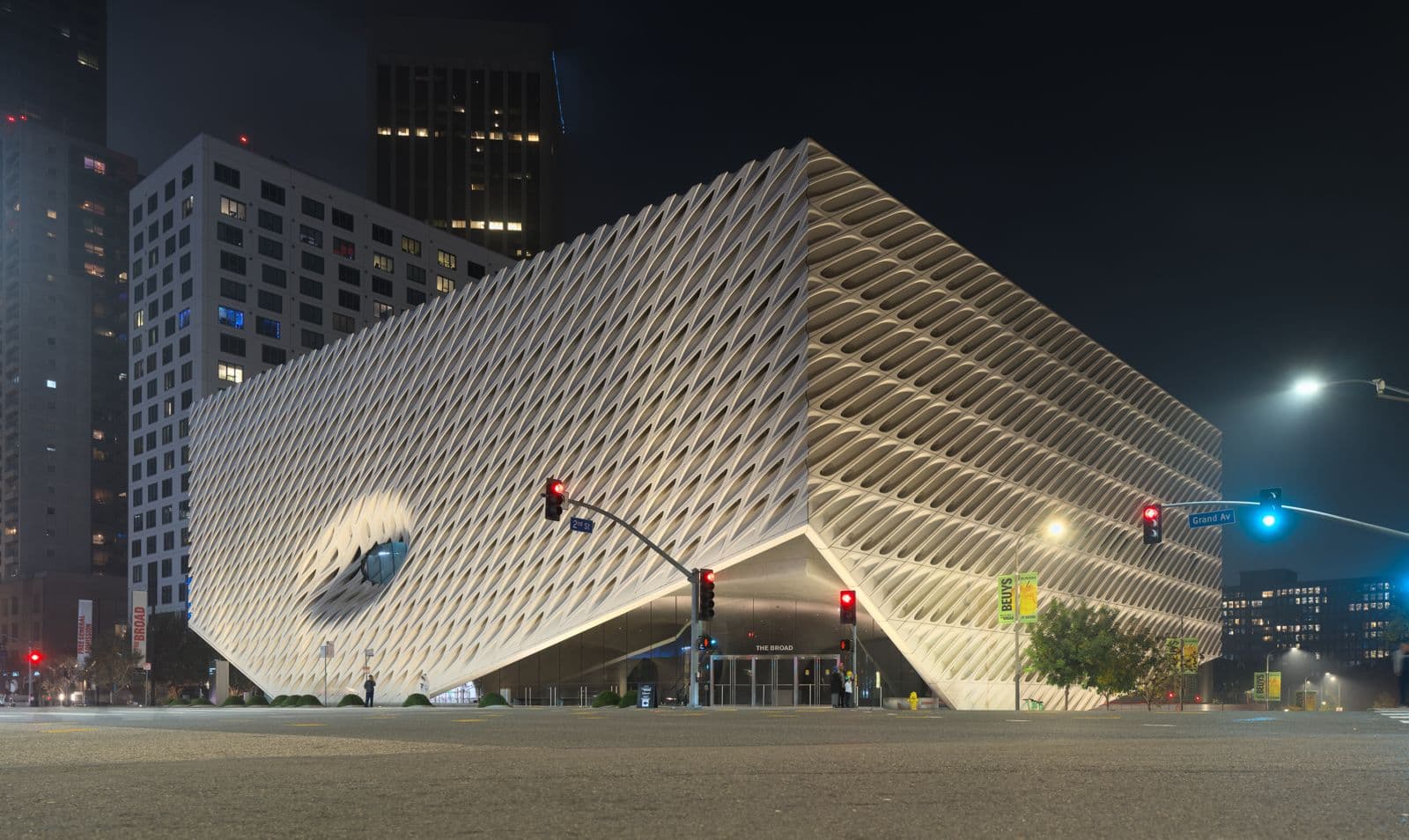The Broad's honeycomb facade at night