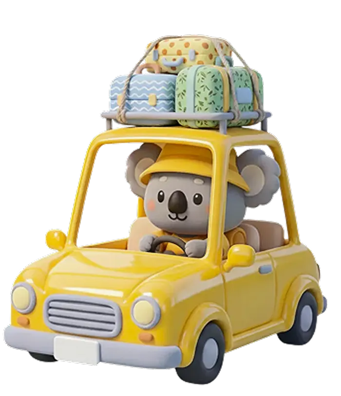 Koli driving a yellow car loaded with luggage