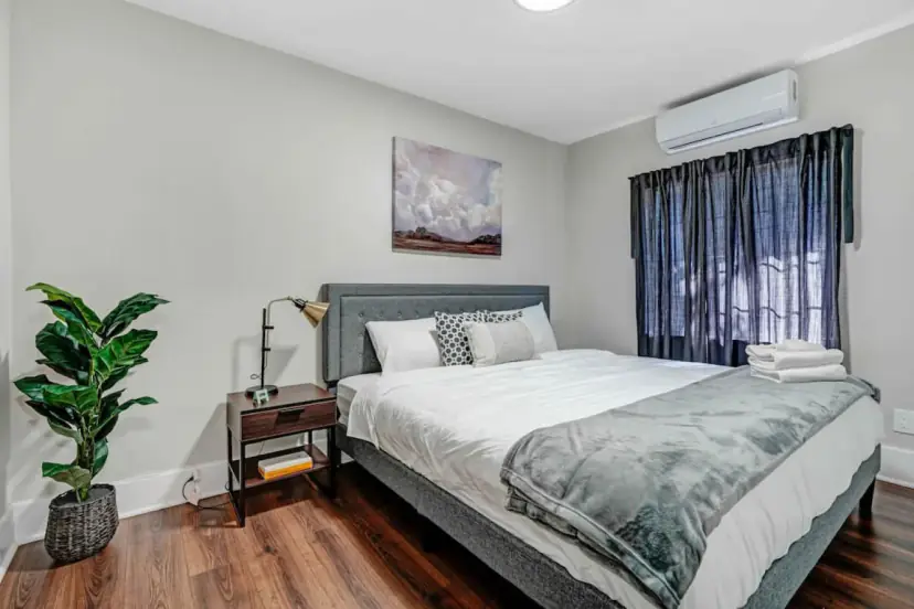 Bedroom with a king bed and a potted plant