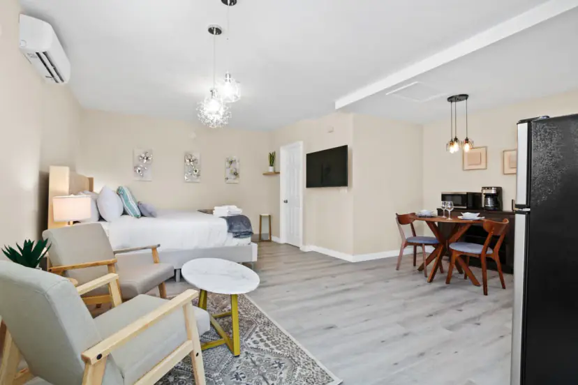 Studio with the sitting area and dining table