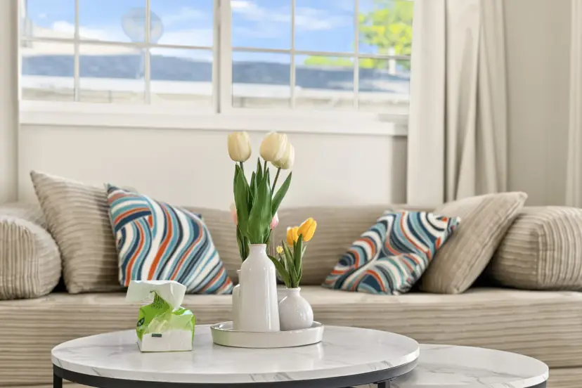Sofa with striped pillows and tulips