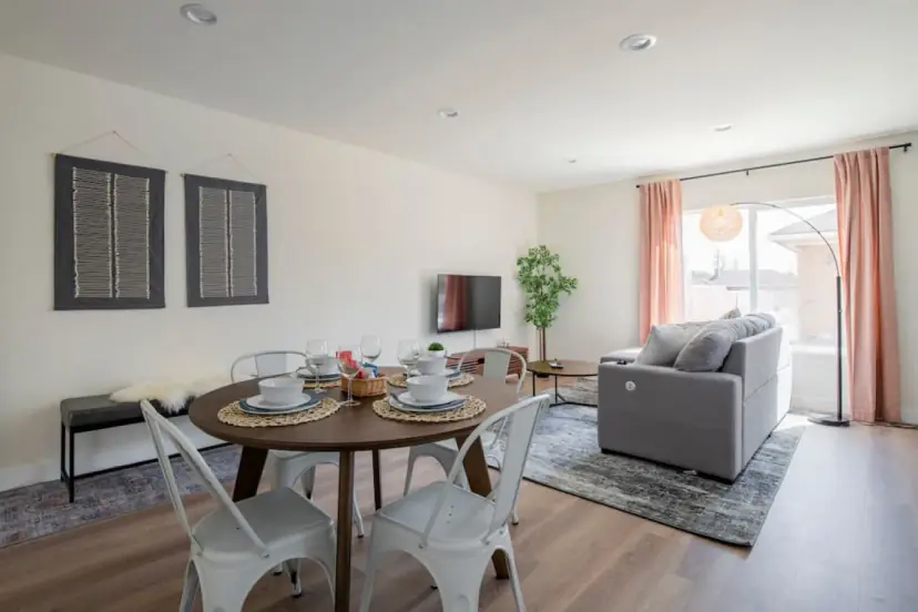 Dining table with the sectional beyond
