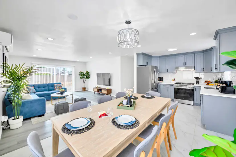 Open dining, living room and kitchen