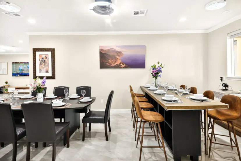 Dining table and high-top bar table with stools