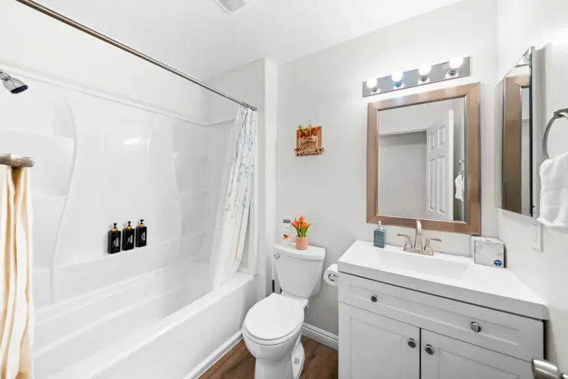 Bathroom with a tub-shower and a white vanity