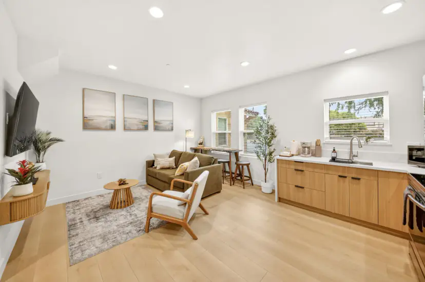 Living area with a green sofa, wood armchair and the kitchen counter