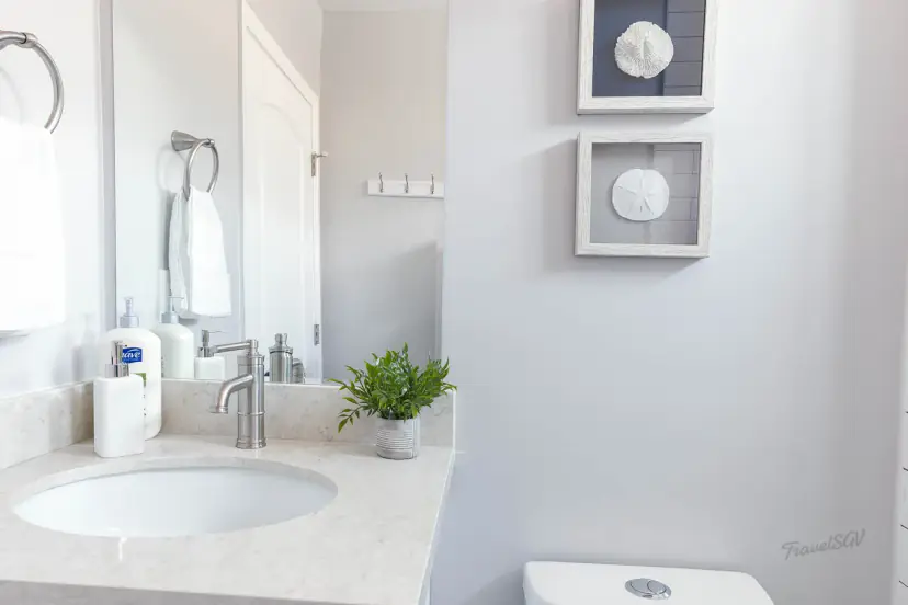 Bathroom vanity with a stone counter and shell art