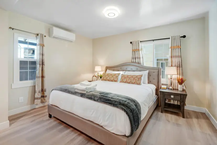 Bedroom with an upholstered king bed
