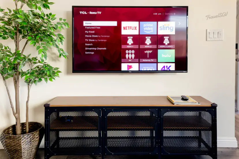Wall-mounted smart TV on an industrial console
