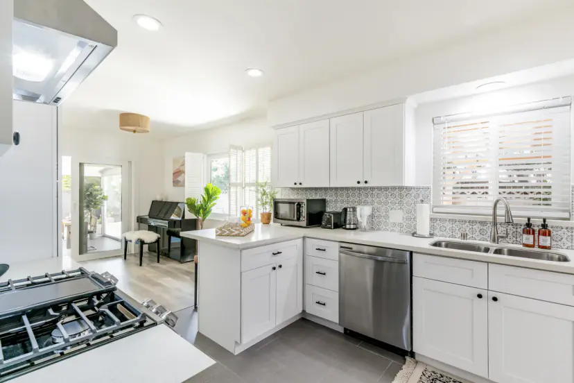 Kitchen opening to the piano nook