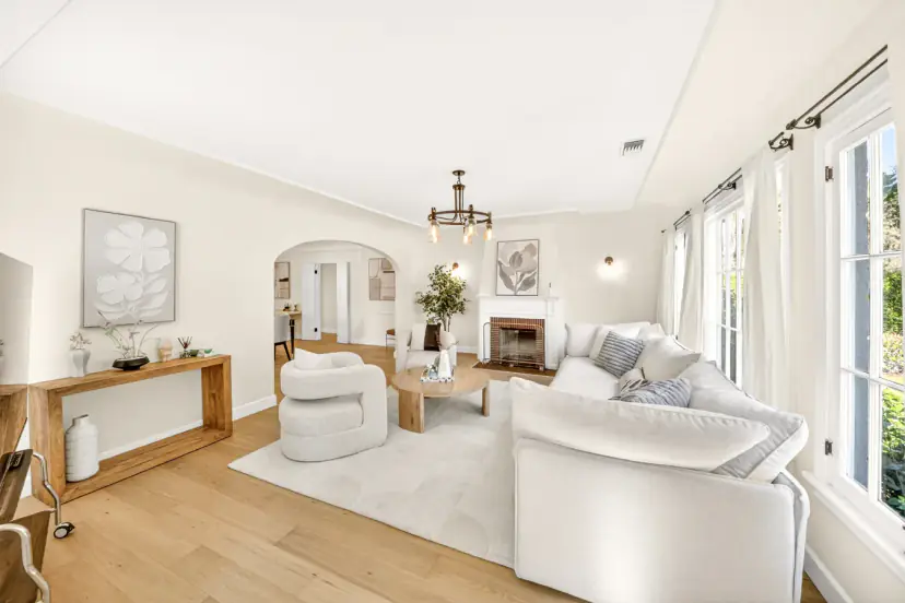 Long living room with a sectional and a console table