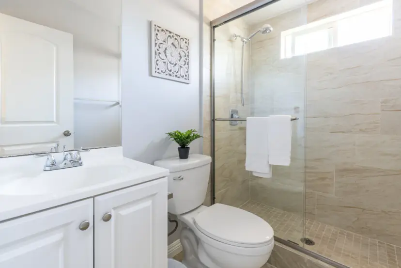 Bathroom with a walk-in shower and a white vanity