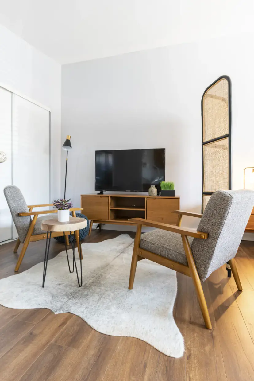 Two armchairs on a cowhide rug facing the TV