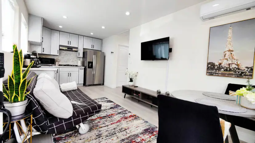 Living room with the kitchen beyond
