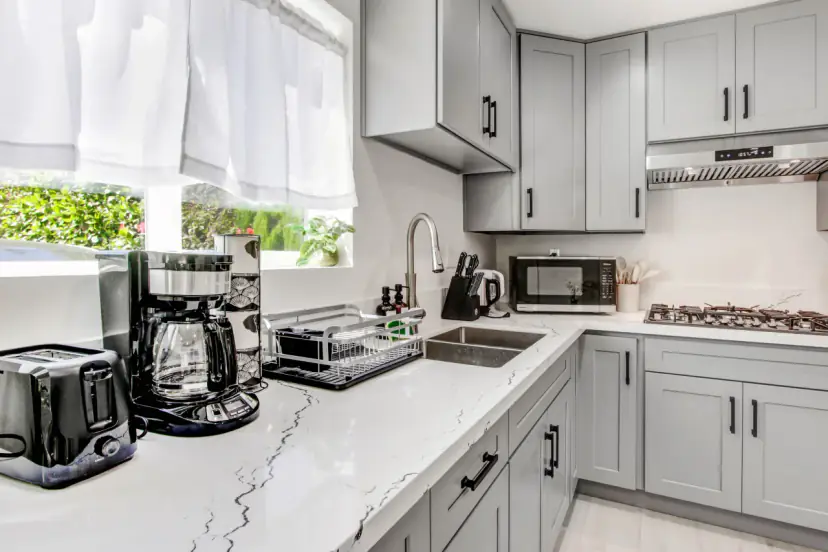 Kitchen counter with a coffee maker and toaster