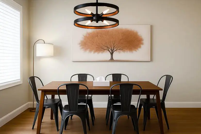 Dining table for six under a wagon-wheel chandelier
